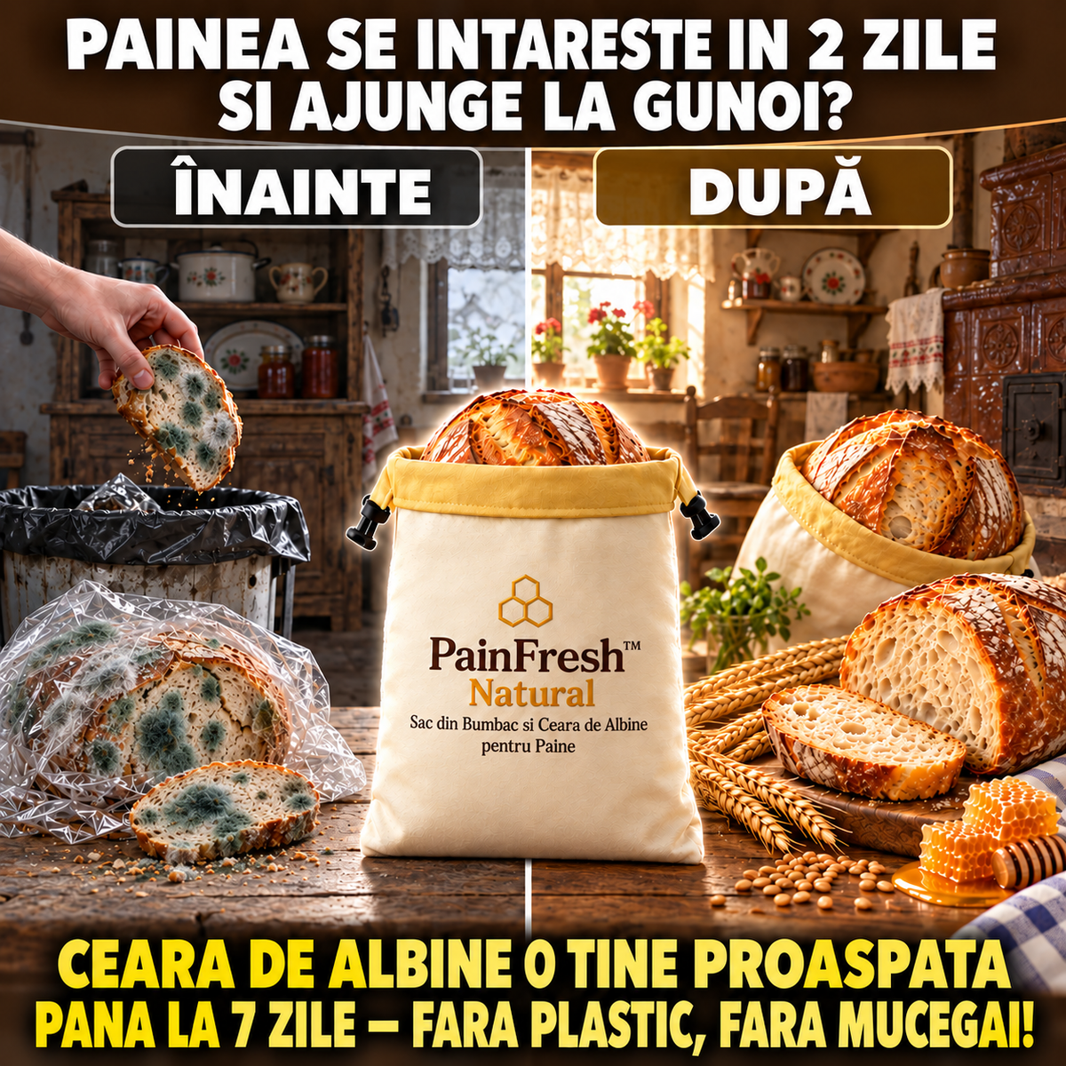 Sac pentru pâine din bumbac și ceară de albine.